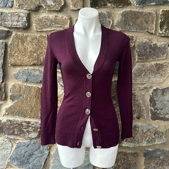 Tory Burch Simone Button-Front Wool Cardigan in Purple - Size XS - Picture 2 of 8